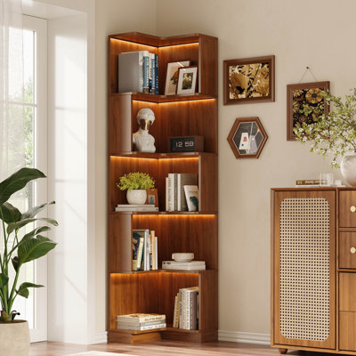 5-tier Corner Bookcase With Display Led Lights, L-shaped Shelves With Baffles, Wooden Bookshelf For Living Room & Office by Latitude Run