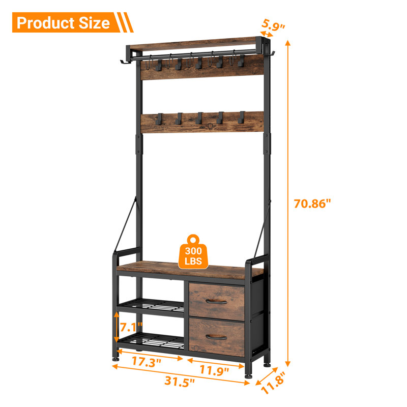 Arbre d'entrée en bois 5-en-1 avec banc à chaussures, portemanteau, crochets, tiroirs et tablette supérieure - Organisateur de maison de campagne moderne pour vestibule ou vestibule