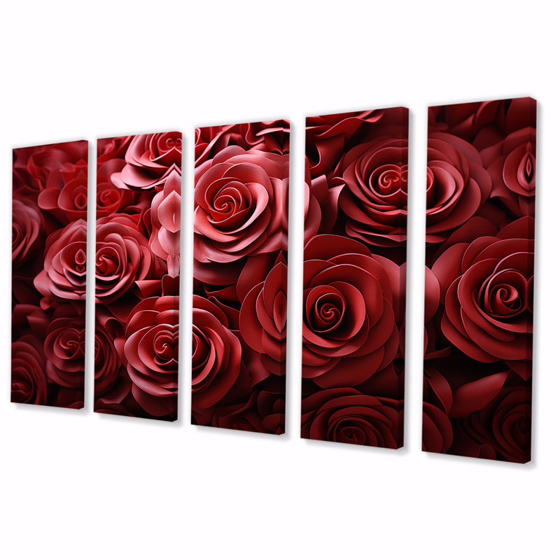 Décoration murale rouge 5 pièces «Red Classic Rose Resencer I - Roses», H 28 po x l 60 po