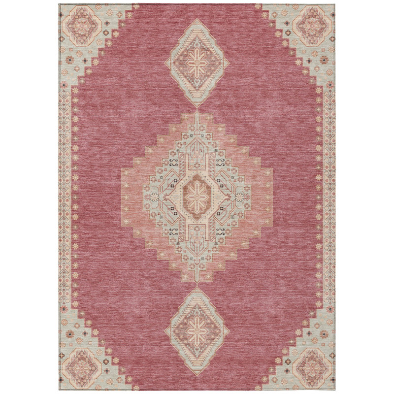 Beige and Pink Synthetic Medallion Washable Rug