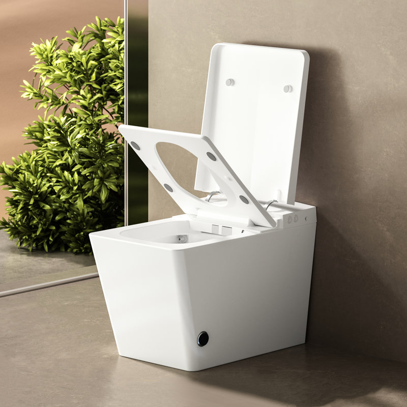 Square Smart Toilet With Integrated Tank For Modern Bath - Remote Control, Auto Flush, Heated Seat, Led Digital Display, User Customizable, White Built-In Command, Flush System, Seat Function, Panel,