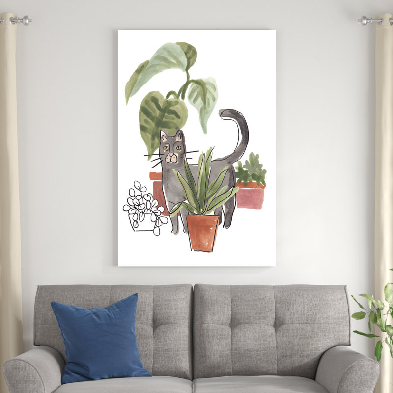 «Purrfect Plants I» par June Erica Vess - peinture sur toile tendue, H 48 po x l 32 po