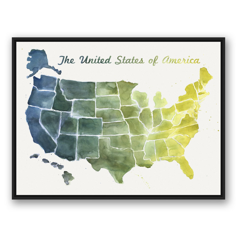 « united states map », reproduction de peinture à l’aquarelle sur toile, H 30 po x l 40 po x P 1,25 po, Cadre noir