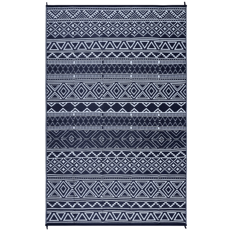 Tapis d'extérieur Boho en plastique avec paille Boho, Rectangle 9 pi x 12 pi, Bleu / blanc