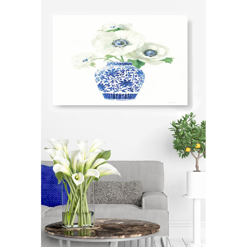 Chinoiserie, bleu, blanc, sur fond blanc, cobalt, fleurs, floral, vert, vase, H 26 po x l 50 po x P 1,5 po