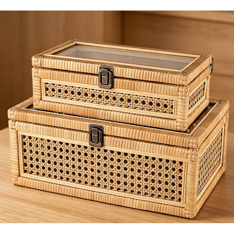 Boîte décorative en rotin avec couvercle, ensemble de 2 paniers de rangement tissés naturels - bac de rangement rectangulaire en osier de mer et en osier pour tablette, plateau de table, Boho Home Decor