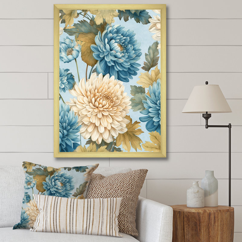 «White and Blue Chrysanthemums Symphony I», reproduction sur toile, Cadre doré simple, H 40 po x l 30 po x P 1,5 po