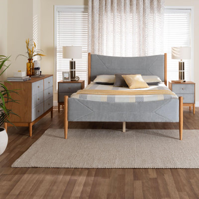Taylin Mid-Century Grey Corduroy And Oak Brown Wood Queen 4-Piece Bedroom Set With Two Nightstands by George Oliver