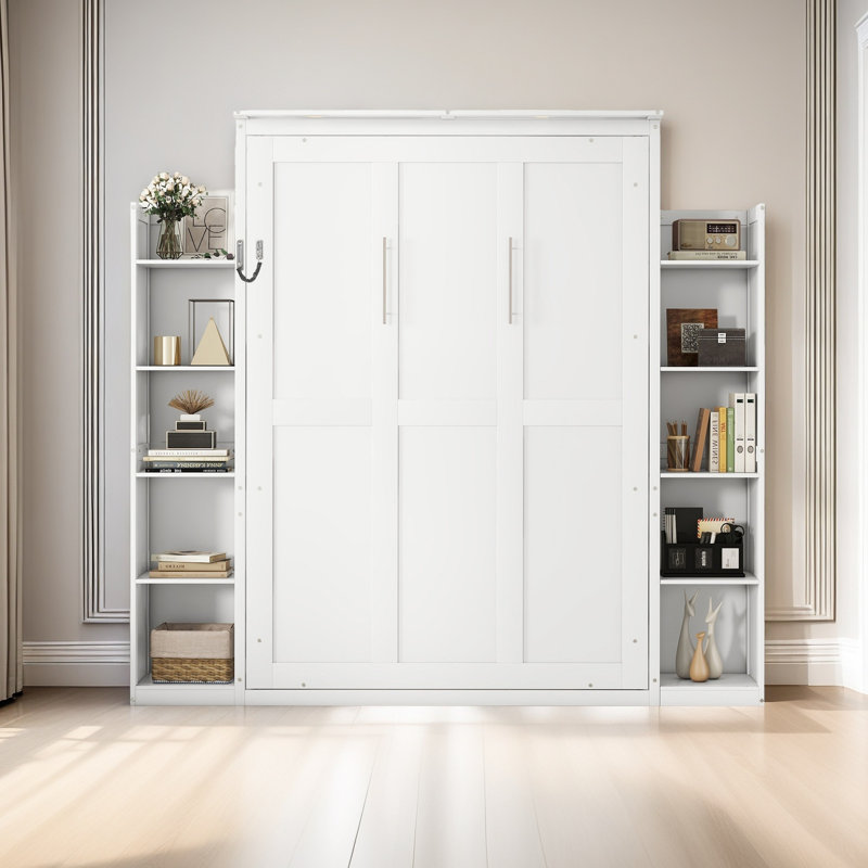 Lit escamotable pleine grandeur avec lumières à DEL et tablettes de rangement, armoire de lit murale peu encombrante, Blanc