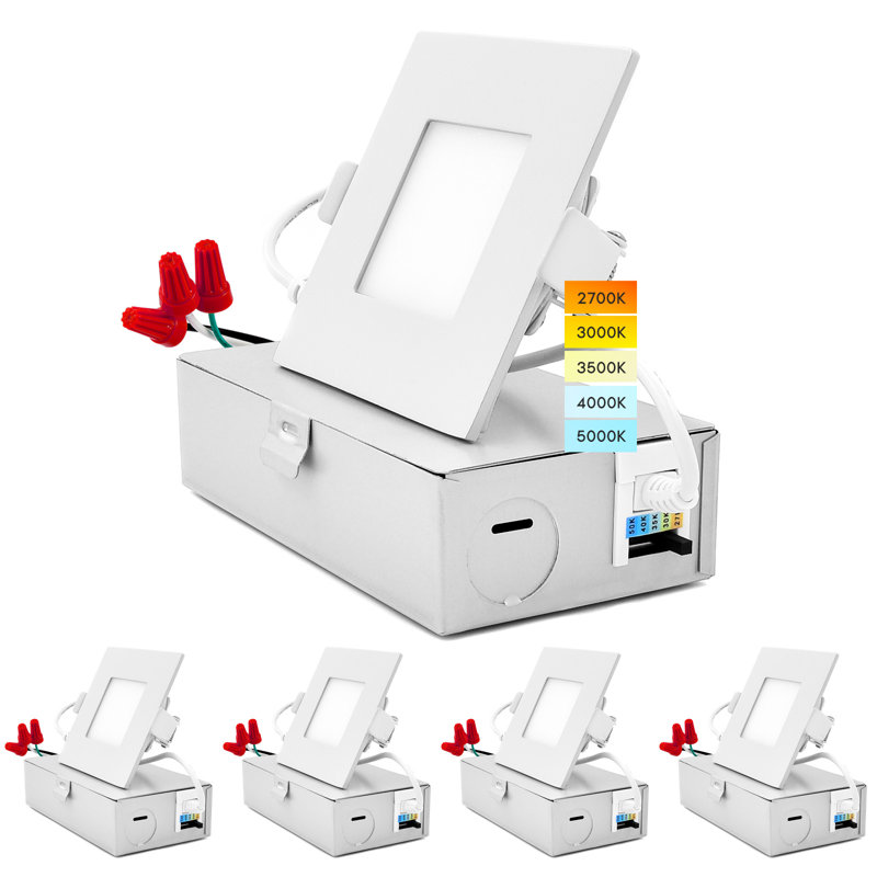 Luminaire encastré carré ultra-mince à DEL de 3 pouces Luxrite avec J-Box 8W 5 couleurs à intensité variable à intensité variable, 540 lumens, homologué IC