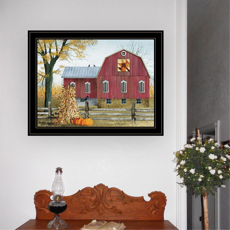 «Autumn Leaf Quilt Block Barn» par Billy Jacobs, reproduction encadrée prête à accrocher, cadre noir