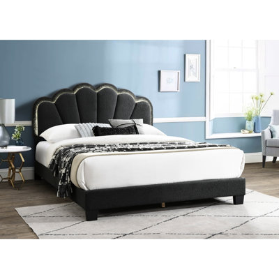 Lit plateforme tapissier grand en laine gris anthracite avec tête de lit à motif floral et lumières à DEL style contemporain - Style chambre à coucher