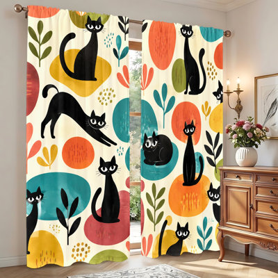 2 pièces de rideaux à motif de chat noir rétro, imprimé de formes et de feuilles abstraites de style Mid-Century, tissu filtrant la lumière, panneaux de fenêtre décoratifs, lavable à la machine, idéal pour le salon, la chambre à coucher, la cuis