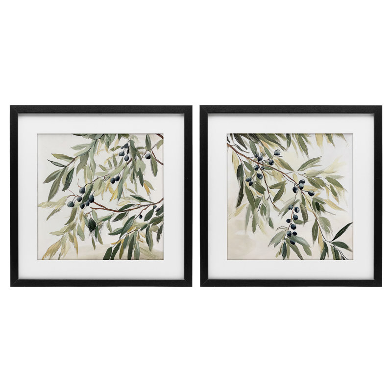 Olive Branches in Pastel, ensemble de 2 reproductions encadrées sous verre, design par Mona Grace, H 13 po x l 13 po