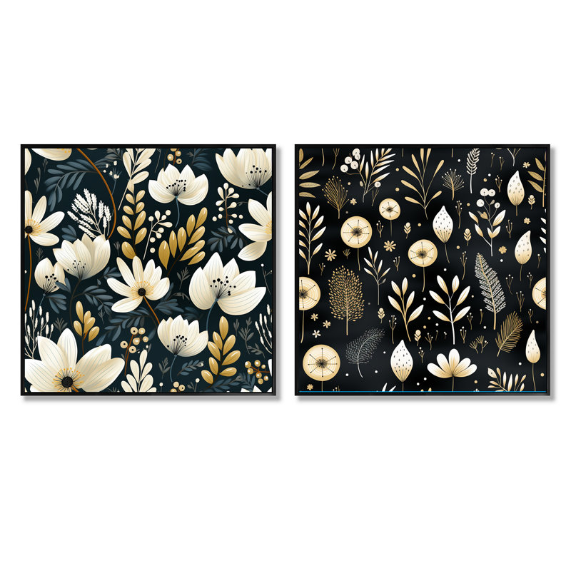 Whitnash - Ensemble de 2 collages carrés floraux, Cadre flottant noir, H 36 po x l 73 po