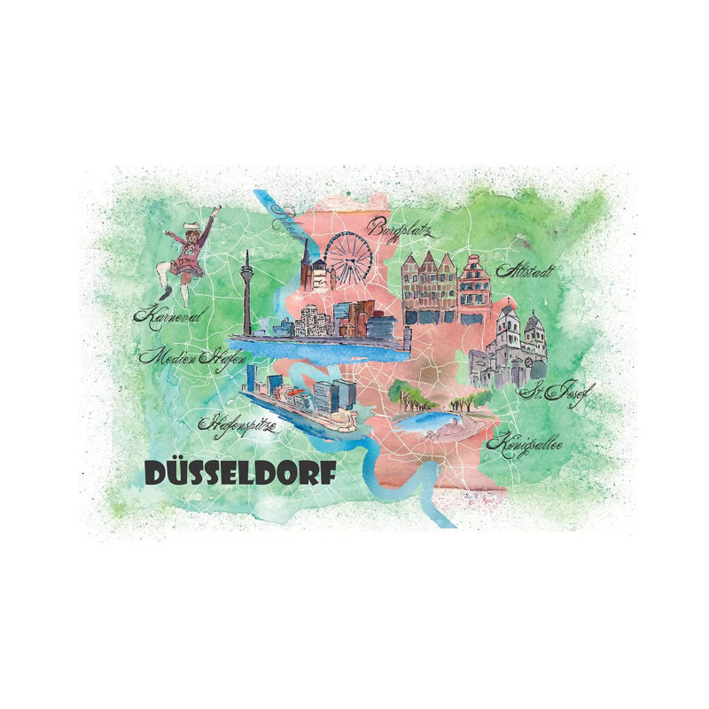 Dusseldorf Germany Illustrated Mapab by Markus & Martina Bleichner - Painting on Canvas, Wrapped Canvas