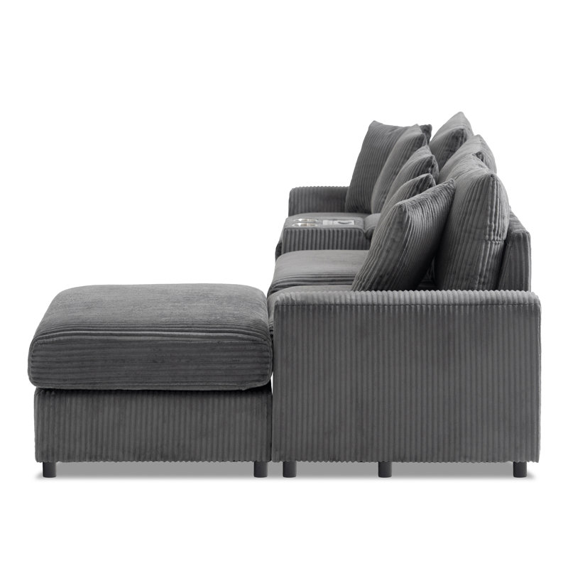 Canapé modulaire en velours côtelé de 114 po x 64 po avec haut-parleurs Bluetooth, canapé en L avec console, chargeur USB, porte-gobelets et repose-pieds de rangement Boneless