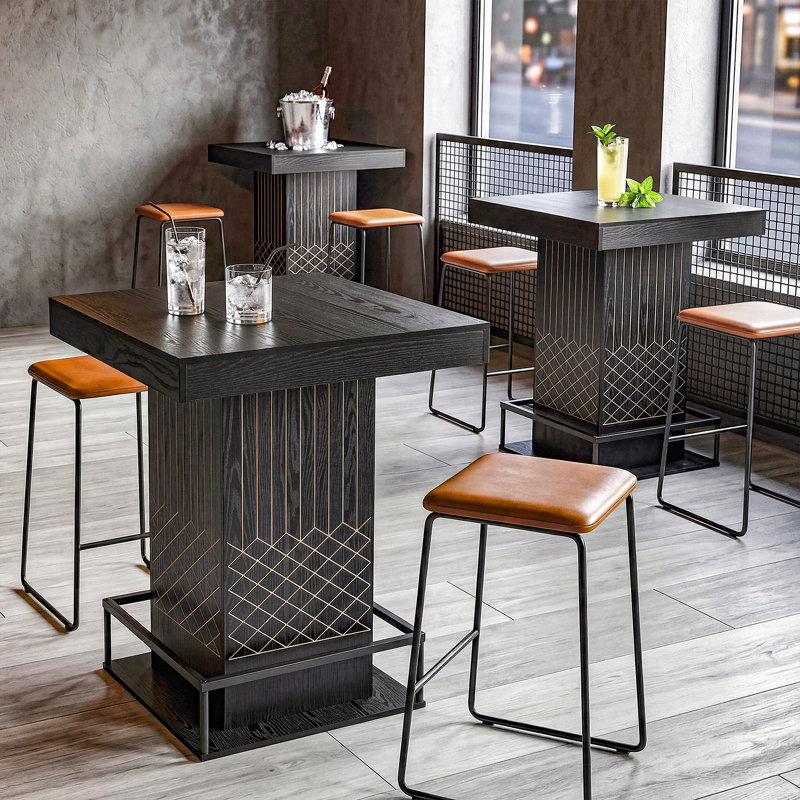 Table de bar moderne carrée noire avec piédestal incrusté d'or, table de pub à hauteur de comptoir avec finition grain de bois