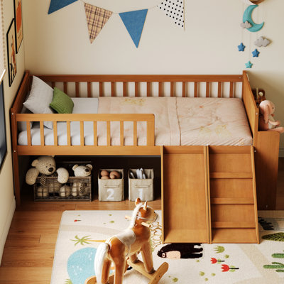 Bed Frame With Storage Shelf, Wooden Bed With Slide And Ladder, Guardrail