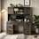 Bureau de direction avec huche et station de charge, bureau d'ordinateur avec 2 portes de grange coulissantes, 5 tiroirs et armoire de rangement avec tablette réglable à 3 positions