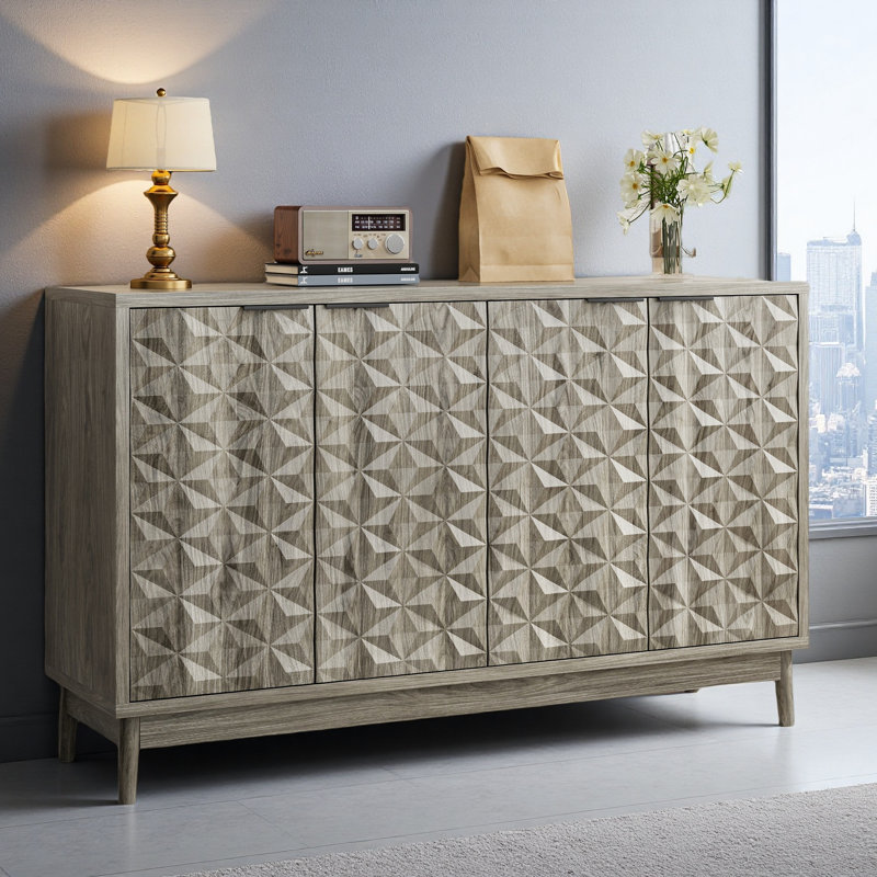 Armoire de buffet de style moderne, armoire de buffet avec rangement, armoire de rangement avec 4 portes en relief en forme de losange pour le salon, la salle à manger, le vestibule, le couloir, la cuisine, gris