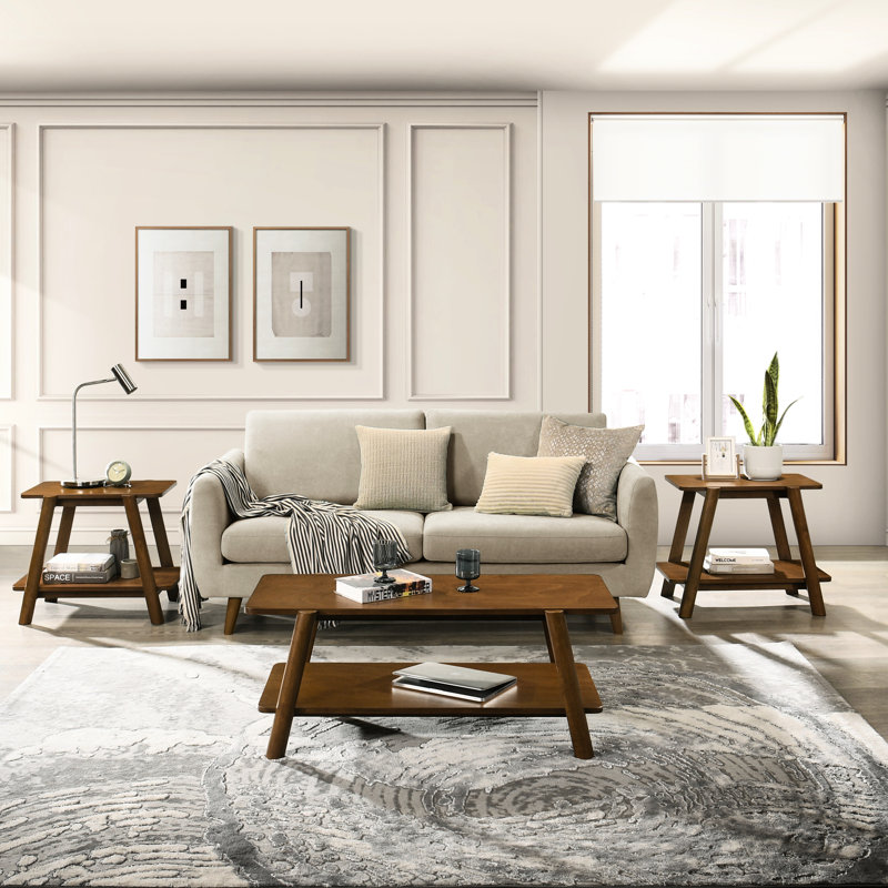 3 tables basses en noyer, style Mid-Century moderne avec tablette de rangement attrayante en noyer