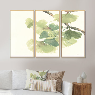 Aquarelle, feuilles de gingko II - ensemble de 3 toiles encadrées