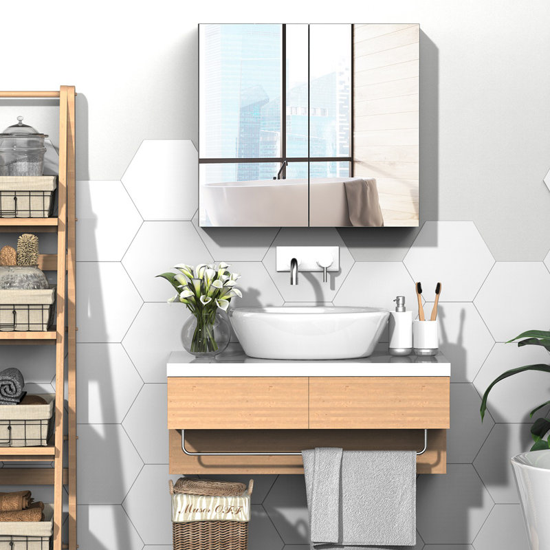 Bathroom Mirrored Cabinet, 24"X22" Steel Frame Medicine Cabinet, Wall-Mounted Storage Organizer With Double Doors