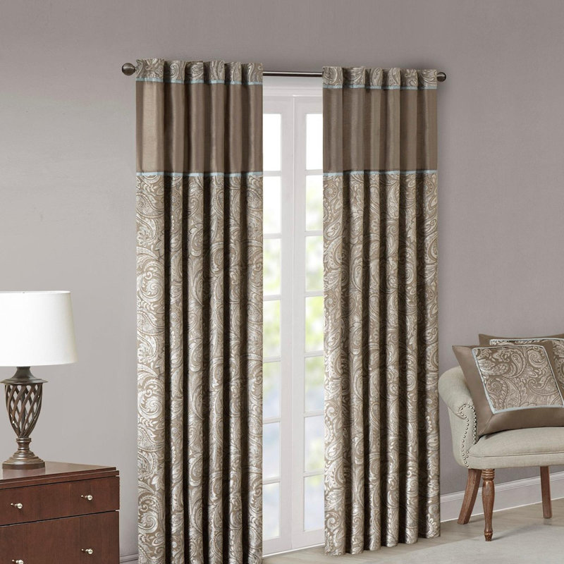 Paire de rideaux en jacquard (2 panneaux de fenêtre), Bleu / brun, L 50 po x L 84 po