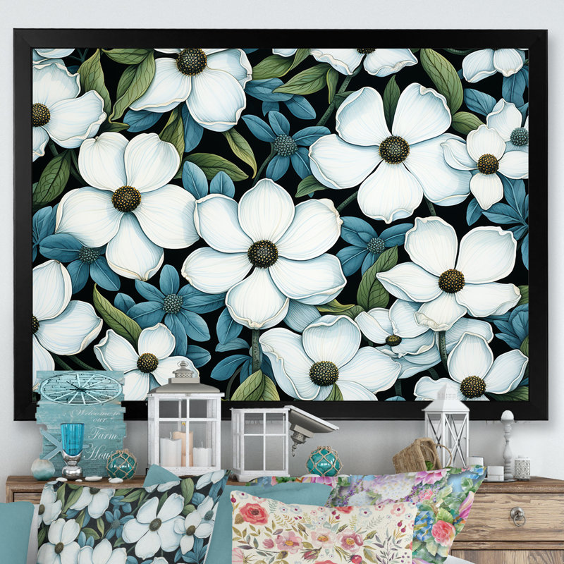 Tranquille blanc cornouiller I - art mural cornouiller, Cadre d'angle fermé noir, H 12 po x l 20 po x P 1 po