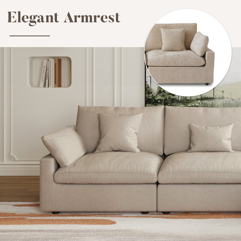 6 - Piece Slipcovered Sectional With Ottoman, Khaki Linen Blend