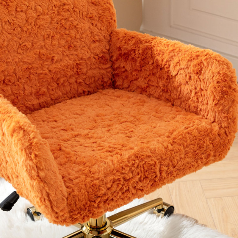 Orange Office Chair With Artificial Alpaca Wool Padding, Golden Metal Base, 320Mm Enlarged 40 Reclining Feature In Color, Wool, Expanded Base For Bedroom