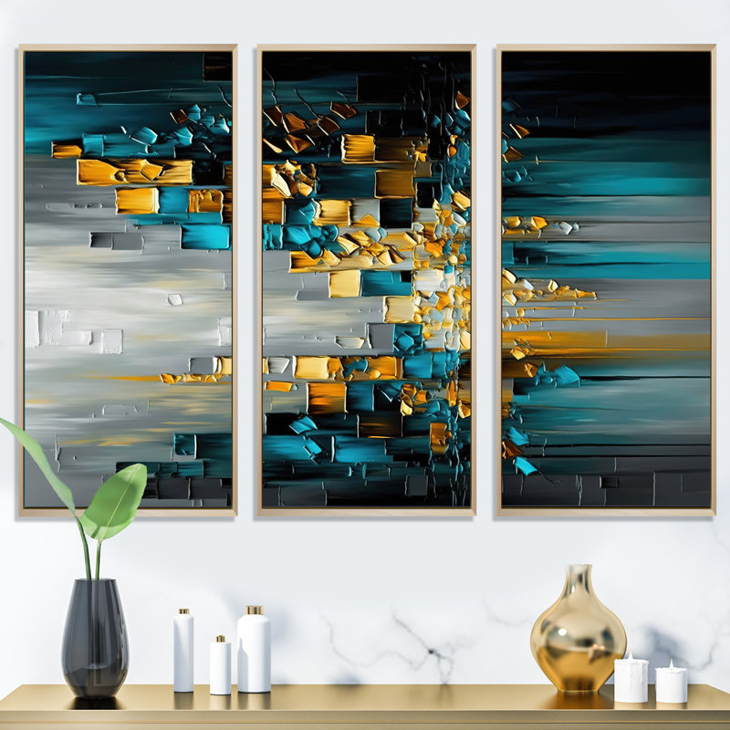 Abstrait géométrique noir et vert III - 3 pièces sur toile, H 28 po x l 36 po x P 1 po, Encadrement brun