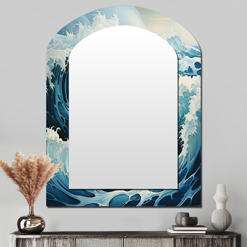 Teal blanc océan Oceanic Odyssey I - grand miroir de voûte océanique, décor de miroir mural asymétrique bleu sarcelle, impression d'art en métal