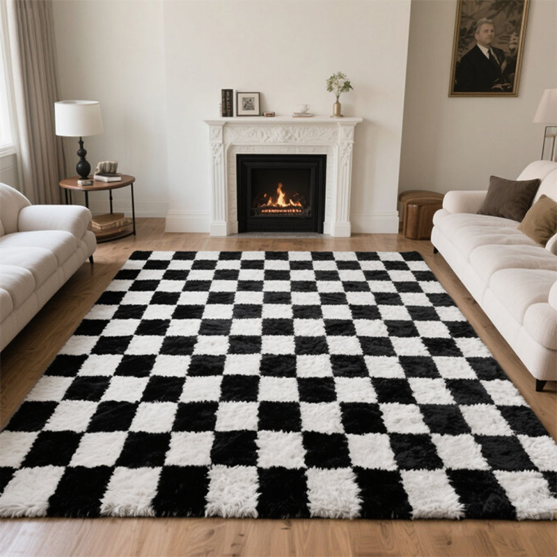Tapis à poil long moderne à carreaux noir et blanc, moelleux moelleux pour le salon, la chambre à coucher et le dortoir