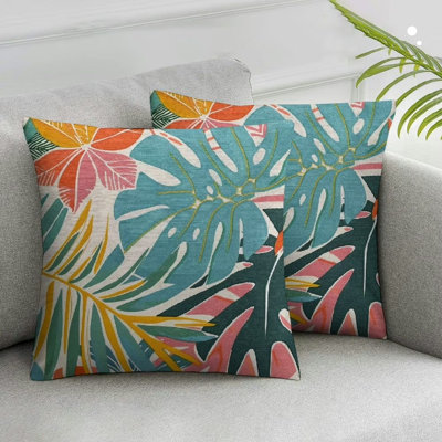 2pc Summer Palm Leaf Pillow Covers Coral Tropical Leaf Decorative Outdoor Throw Pillow Covers Green Blue Botanical Farmhouse Cushion Case Square Decor for Home Couch Sofa White 18x18in