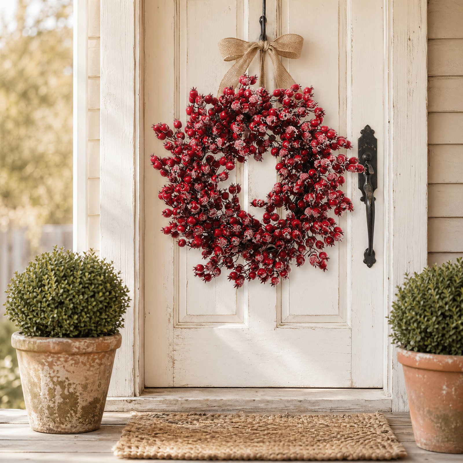 Frosted Berry Branch Tall Silk Wreath - Holiday Front Door Decor, 22" H x 22" W x 3" D, Burgundy, 1