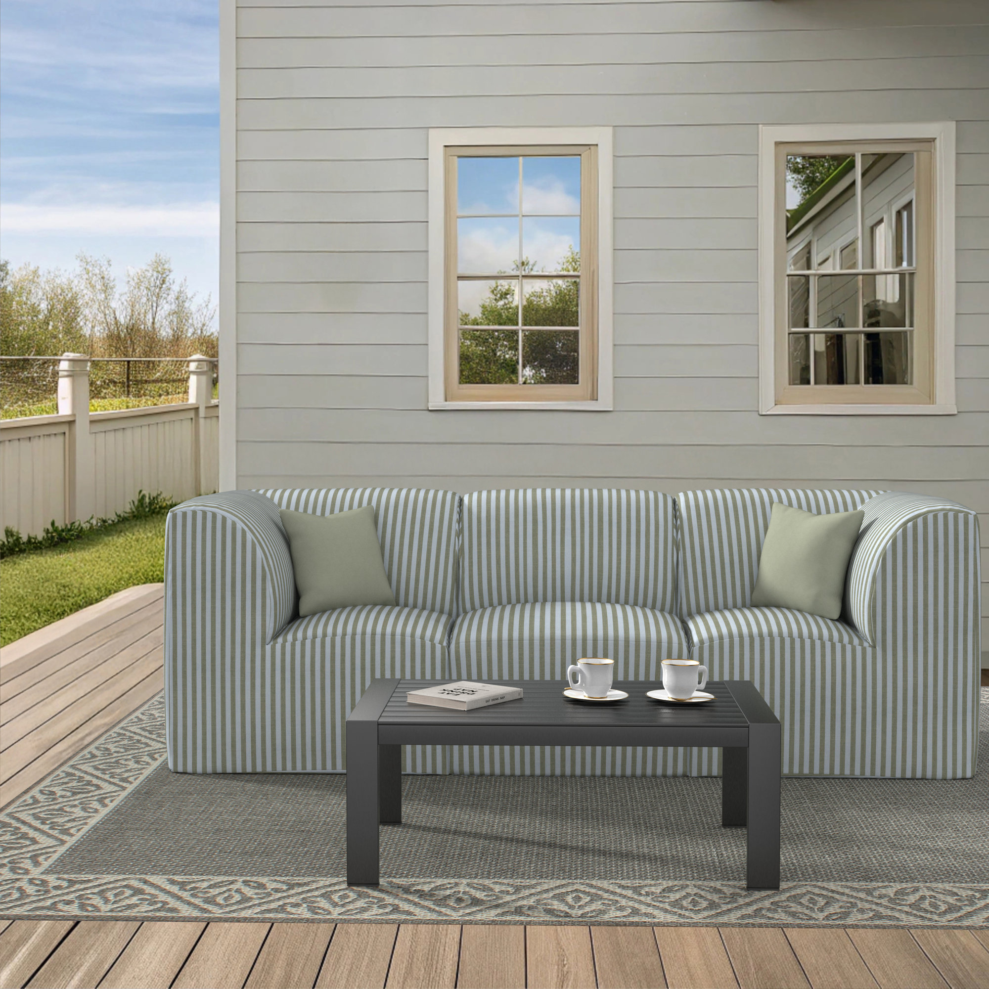 Praia 96" Sunbrella® Modular Outdoor Sofa, Green Striped Sunbrella®