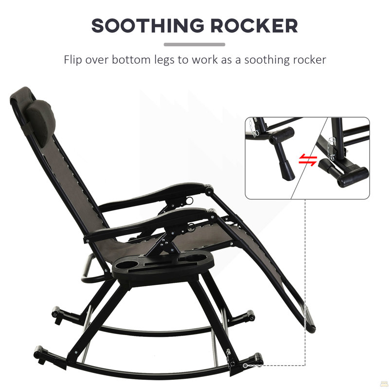 Outdoor Rocking Chairs, Foldable Reclining Anti Gravity Lounge Rocker W/ Pillow, Gray