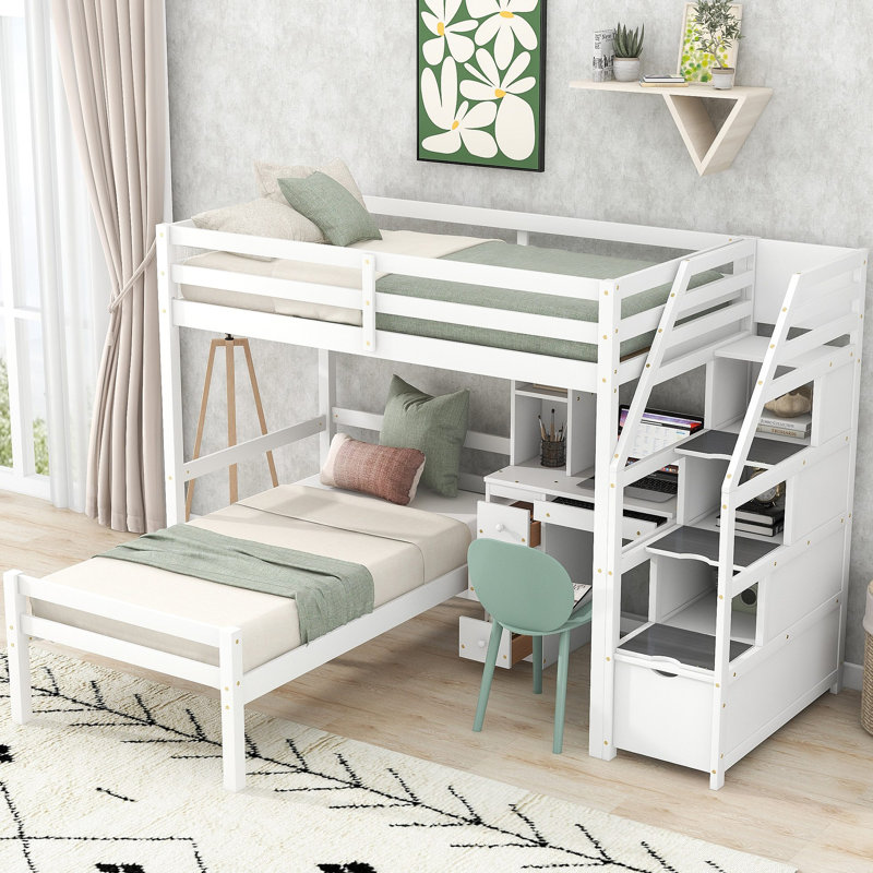 Lit mezzanine avec lit autonome, escalier de rangement, bureau, tablettes et tiroirs, Blanc