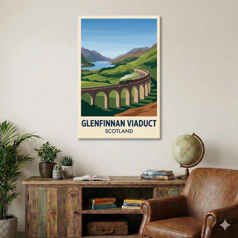Glenfinnan Viaduct, Scotland - Romantic Highlands Travel Poster With Steam Train. Giclee Print On Wrapped Canvas. Wall Art, Home Decor - Transport & Engineering, Scotland - Wrapped Canvas Print