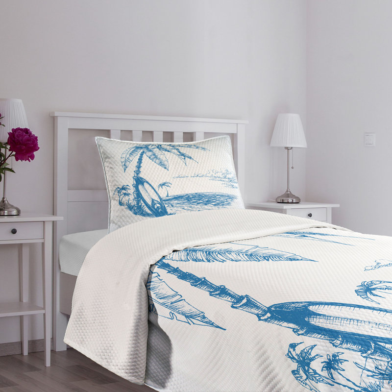 Twin White and Blue Quilted Bedspread Set