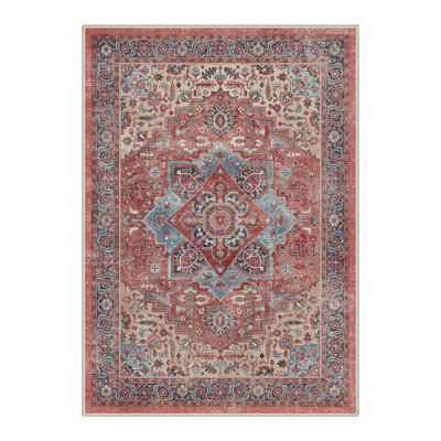 Tapis oriental rouge / bleu lavable à la machine avec envers antidérapant