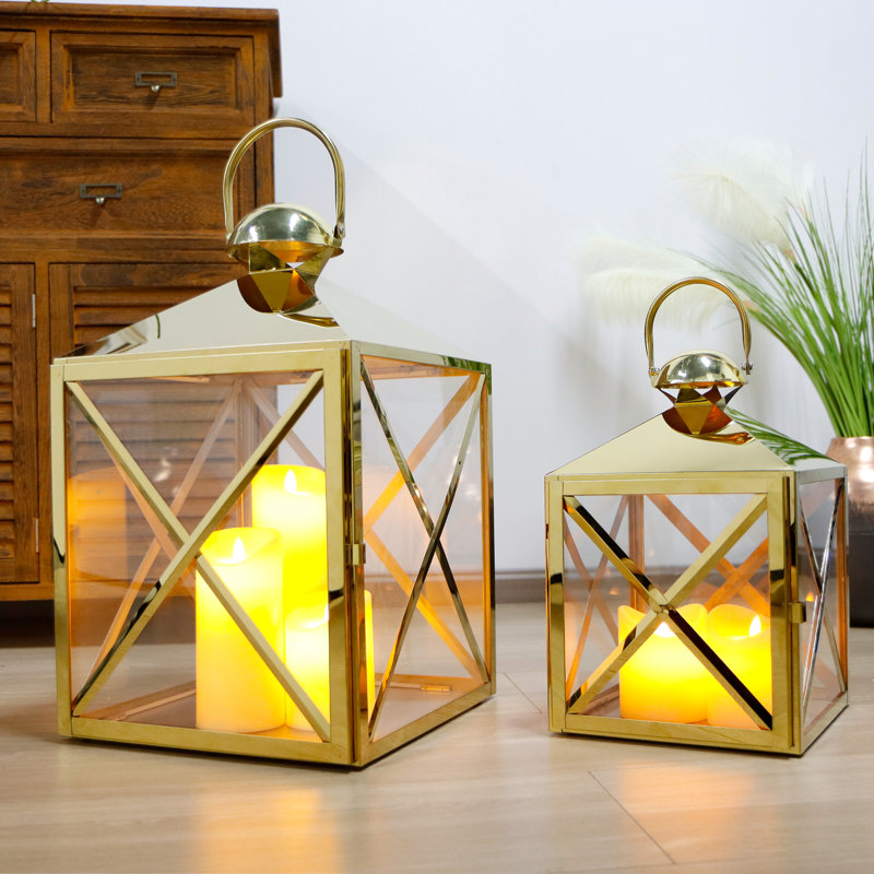 Ensemble de 2 grandes lanternes à bougie en acier inoxydable Mercer41 de 13 po de hauteur (rectangle doré), Or