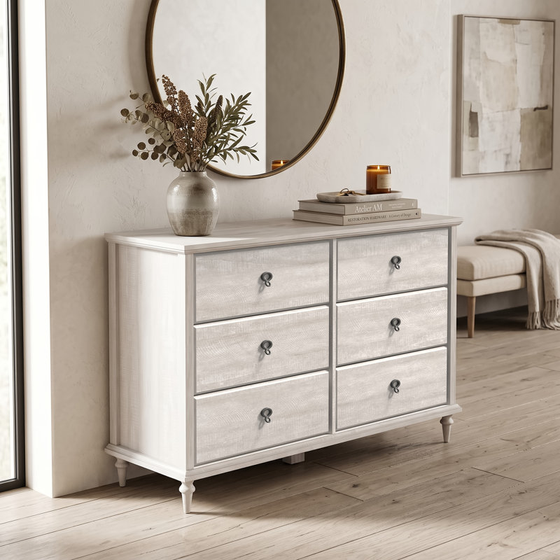 Aleana 46.2" W Solid Wood Tapered Legs 6-Drawer Double Dresser, Dusty Gray Oak