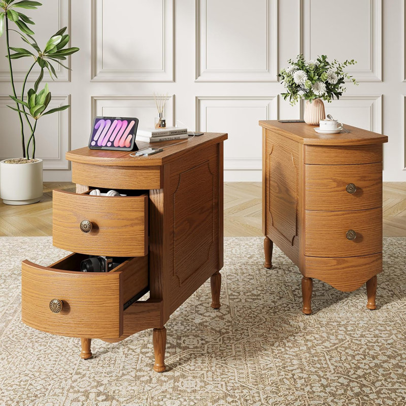 Narrow End Table With Charging Station And 2 Drawers, Wood Sofa Side Table, Slim Nightstand Bedside Table, Pre-Assembled | Gift Idea