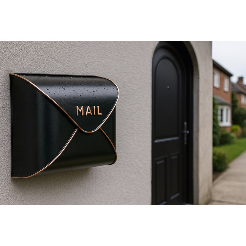 Envelope Steel Wall Mounted Mailbox, Black with Copper Rim