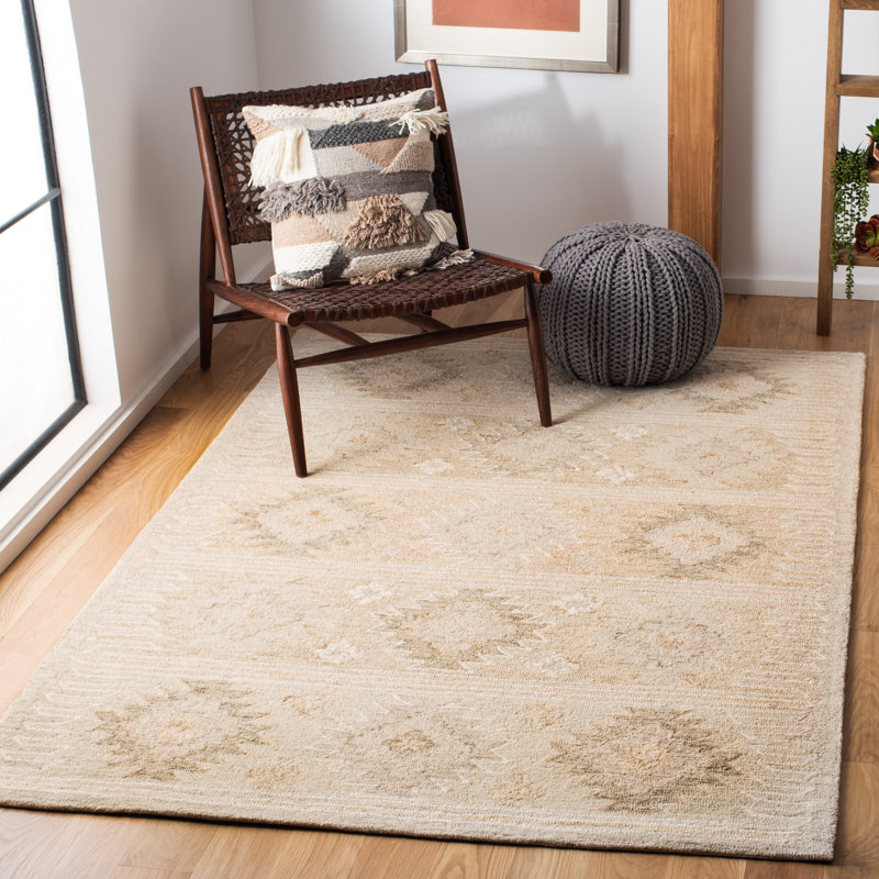 Tapis beige en laine touffeté à la main à motif géométrique Yazmin, Rectangle 6 pi x 9 pi