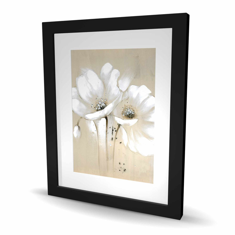 «White Abstract Wild Flowers - Beige Flowers», reproduction encadrée, H 20 po x l 16 po, Noir
