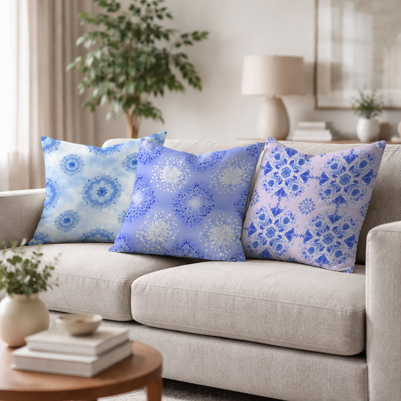 Coussin bleu et blanc Boho Mandala, H 18 po x l 18 po